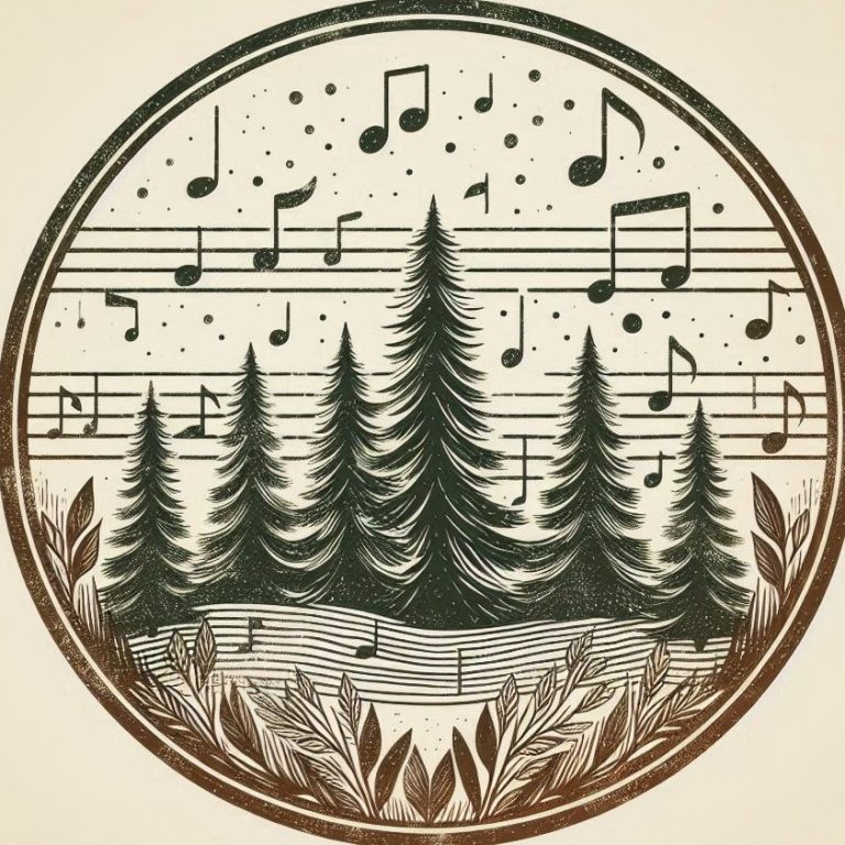 Naturmusik Nadelbäume umgeben von Noten in einem runden, stilisierten Design.