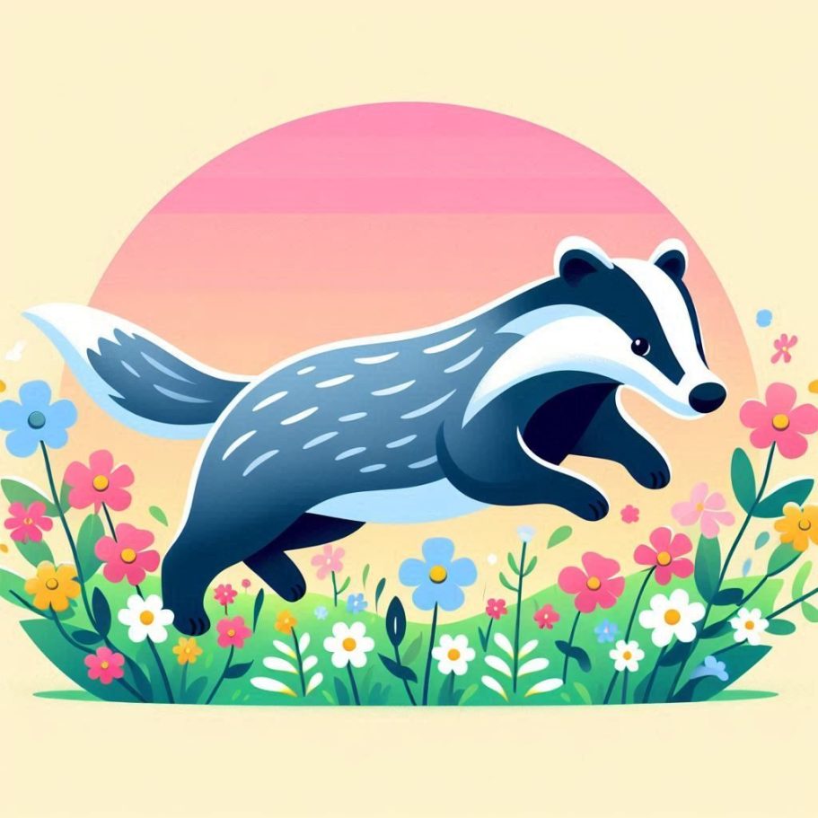 Logo Projekt Dachsbau Ein gezeichneter Dachs springt über bunte Blumen in einem pastel Hintergrund.